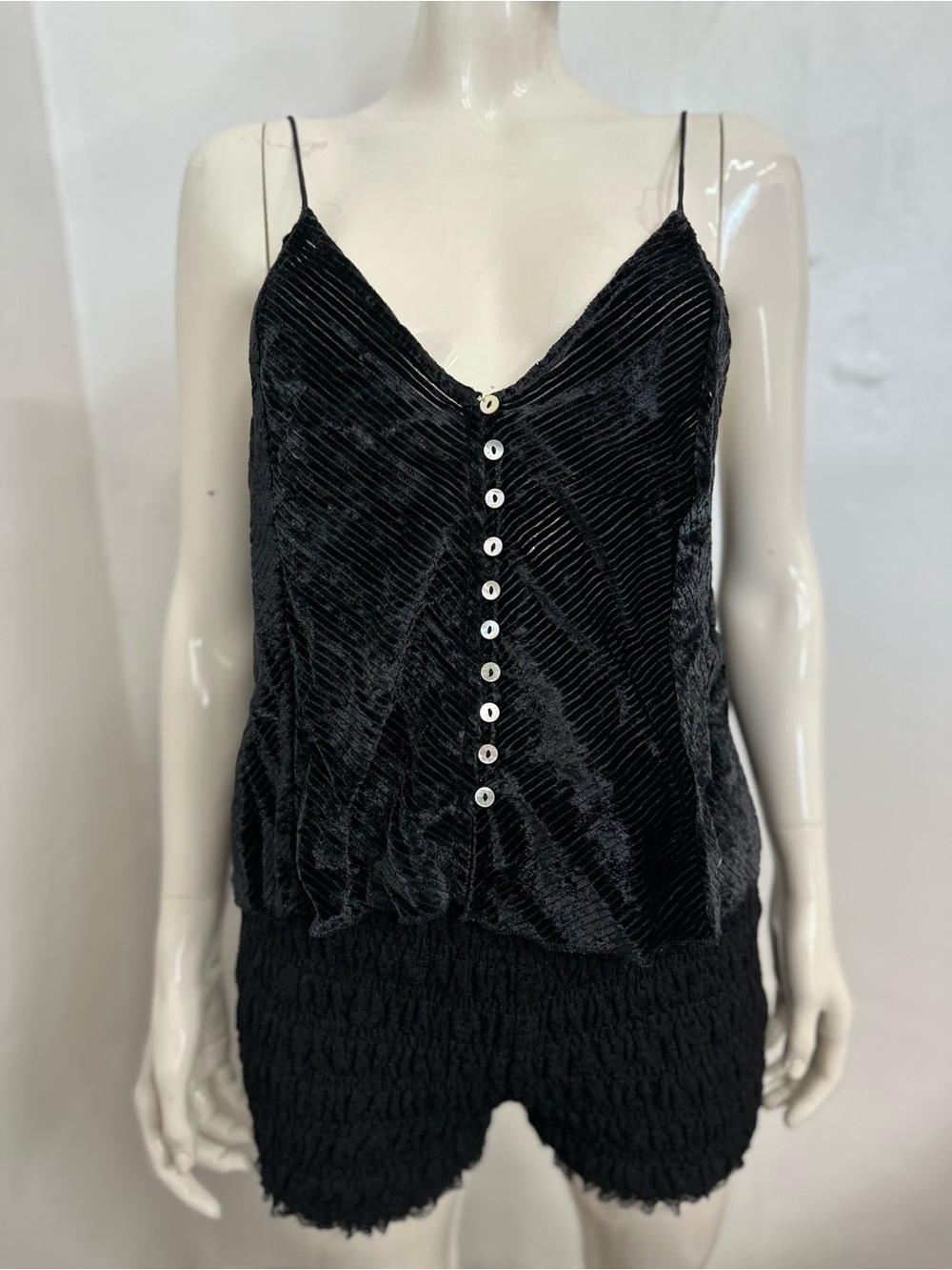 Free People Black Velvet Ribbed Button-Front Cami